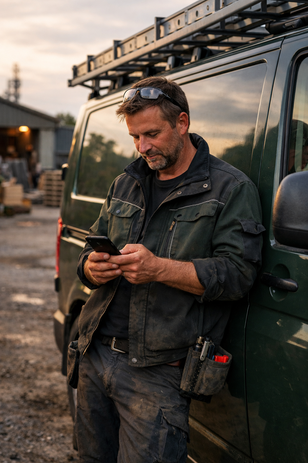 Monteur voert uren in op smartphone naast werkbus