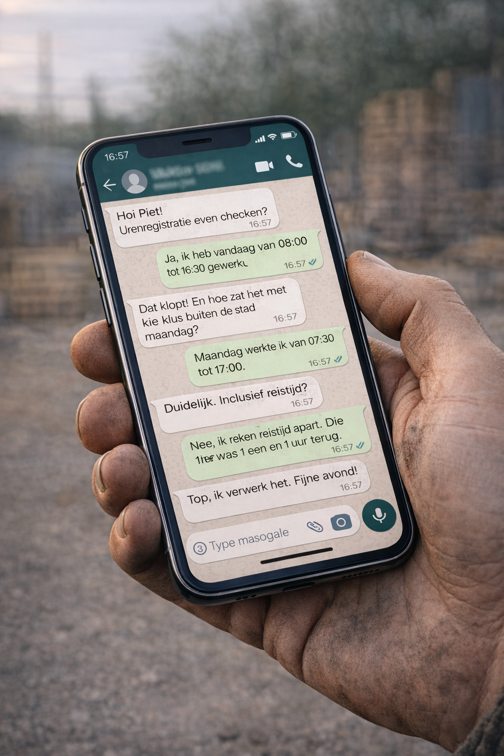 WhatsApp-gesprek voor urenregistratie op smartphone